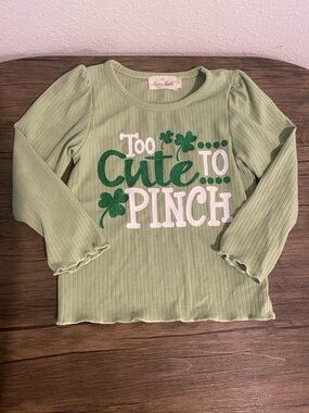 Kids' Light Green 'Too Cute to Pinch' Ribbed Long Sleeve Top